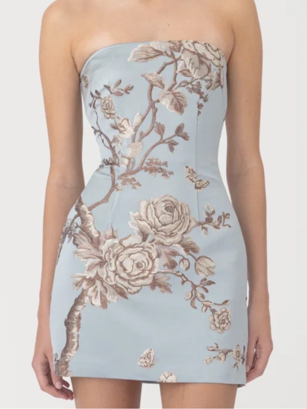 Strapless Floral Jacquard Mini Dress in Light Blue
